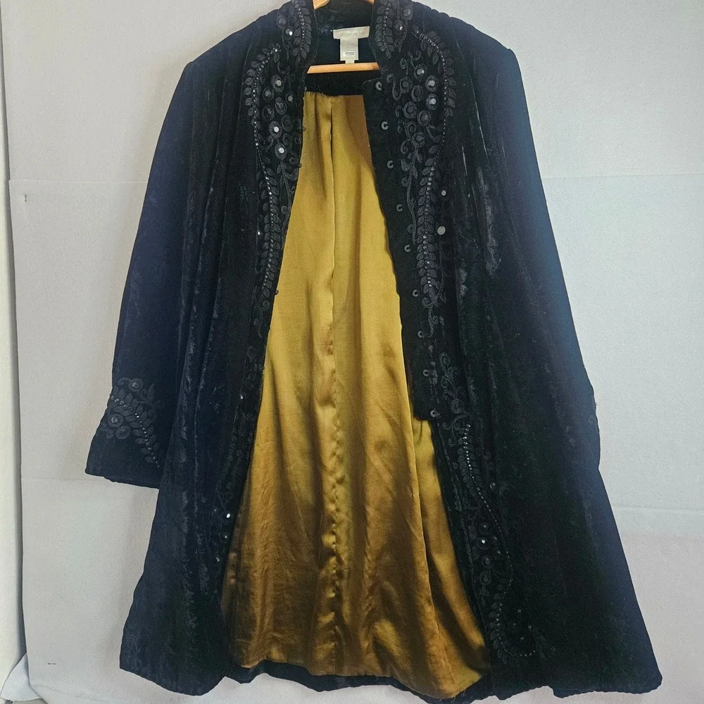 Soft Surroundings Black Velvet Embroidered Duster Coat Jacket Gold Lining Large - Picture 13 of 14